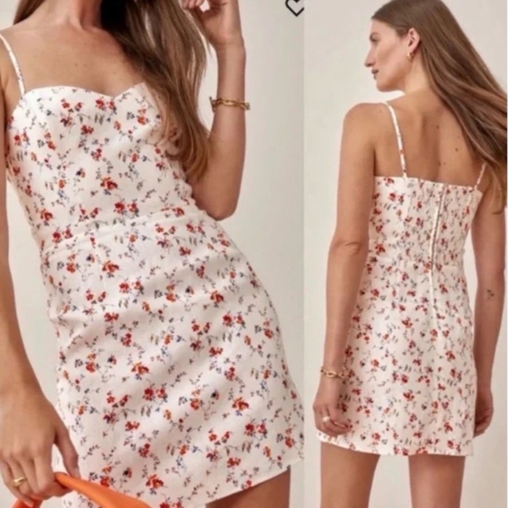 Reformation Roarke 100% Linen White Floral Mini Dress
